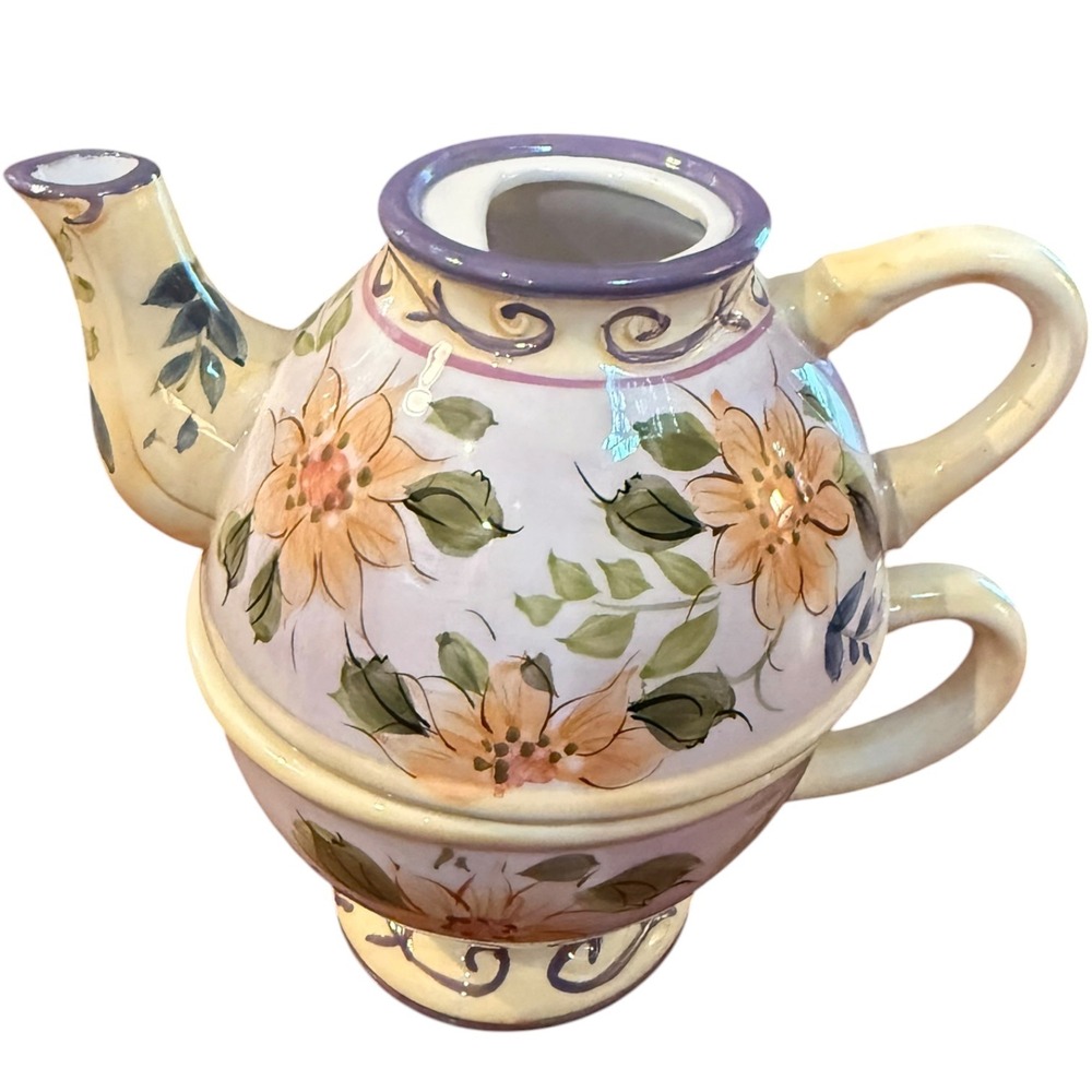 Vtg Hand Painted Ceramic Tea for One Stacking Teapot Cup Set Floral MISSING LID
